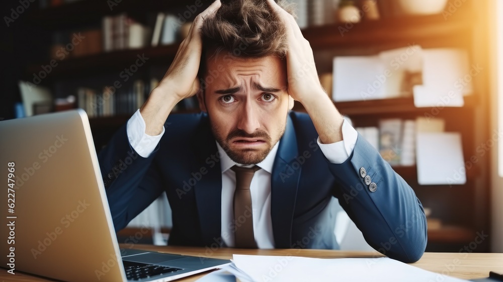 Business man stress and frustrated for computer news, Problem and mistake, Burnout of accountant person fail on computer.