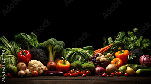 Vibrant Healthy Eating Background  Food Photography of Various Fruits and Vegetables on an Isolated Dark Background. Copy Space. High-Resolution Product with Perfect Lighting