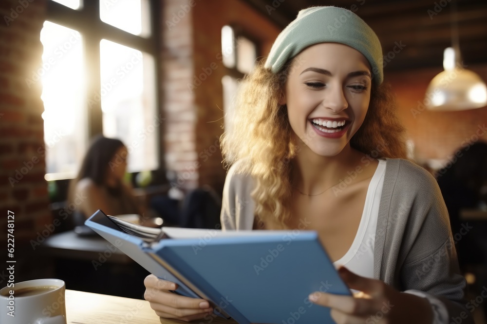 Beautiful smiling woman reading book while sitting at coffee shop. Beautiful smiling woman reading book while sitting at coffee shop.