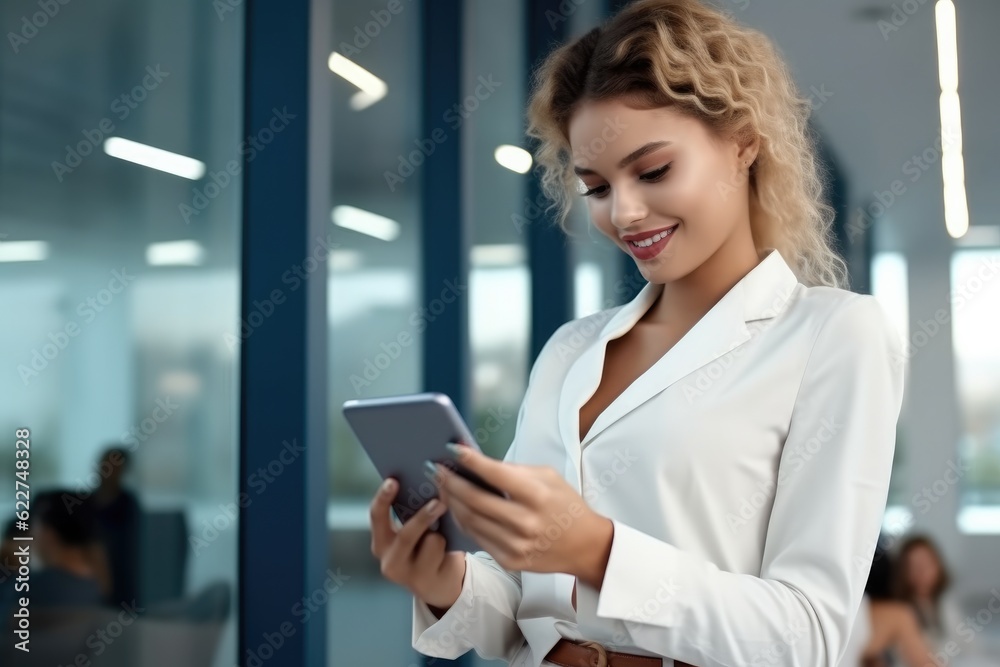 Woman are reading on mobile phone with tablet at the office with a smile for online communication, Technology and typing at a company for conversation on the internet. Woman are reading on mobile phone with tablet at the office with a smile for online communication, Technology and typing at a company for conversation on the internet.