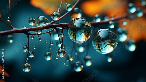 Water drops on the branches of a tree. Beautiful Autumn nature background.