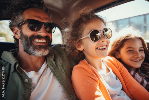 Happy family of father and children enjoying road trip together, AI Generative