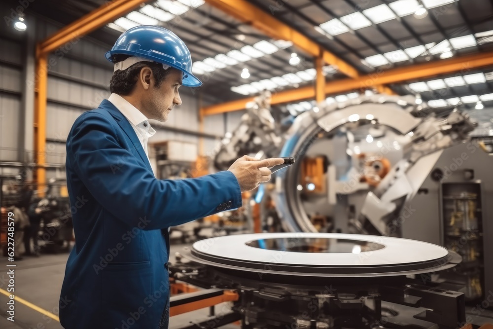 Businessman maintenance and check part of robot arm machine at factory automotive, Industrial and technology concept. Businessman maintenance and check part of robot arm machine at factory automotive, Industrial and technology concept.