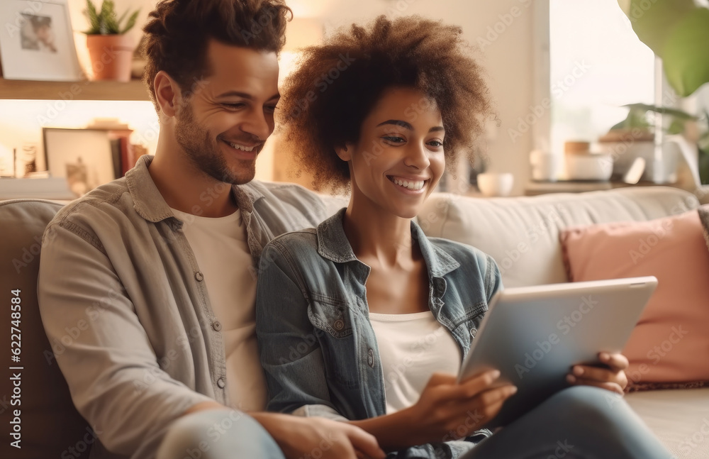 Young couple watching media content online in a tablet sitting on a sofa in the living room, Relax on weekends. Young couple watching media content online in a tablet sitting on a sofa in the living room, Relax on weekends.