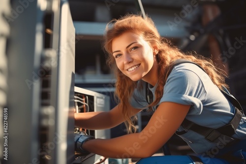 Female technician are repair air conditioner outdoors.