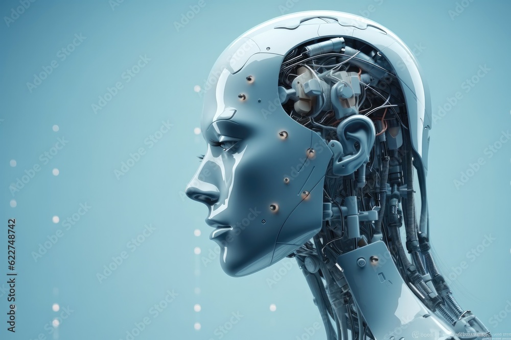 side view of robot on blue background, Android robot, Brainstorm and robotics concept. side view of robot on blue background, Android robot, Brainstorm and robotics concept.