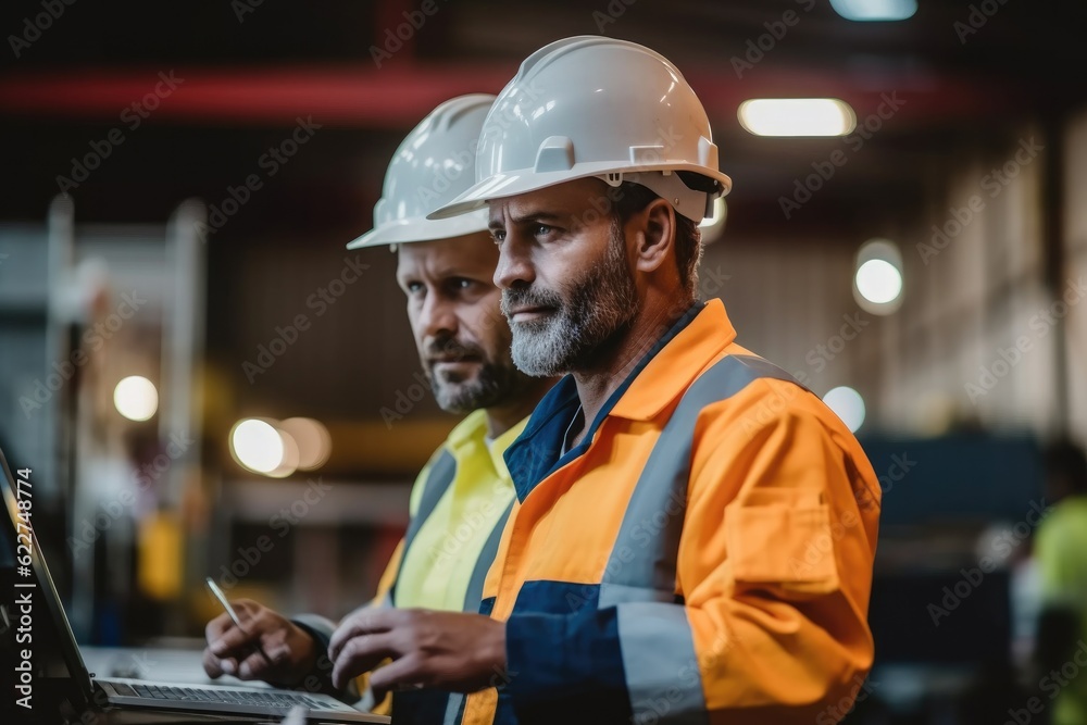 Two professional engineer check quality machine in steel metal manufacturing factory plant industry. Two professional engineer check quality machine in steel metal manufacturing factory plant industry.