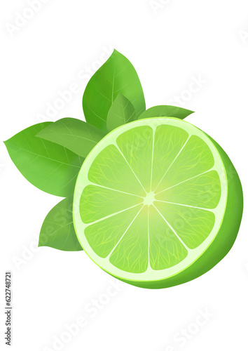 Lime with leaves watercolor illustration on transparent background