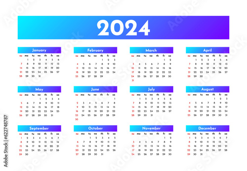 Calendar for 2024 isolated on a white background