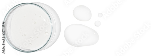 Rectangular banner with Petri dishes isolated. Smears of transparent gel, serum. Can be pasted on your background