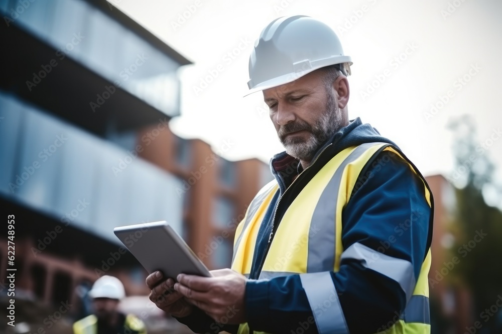 Smart Construction Project management system concept, Engineer using a digital tablet on a construction site.