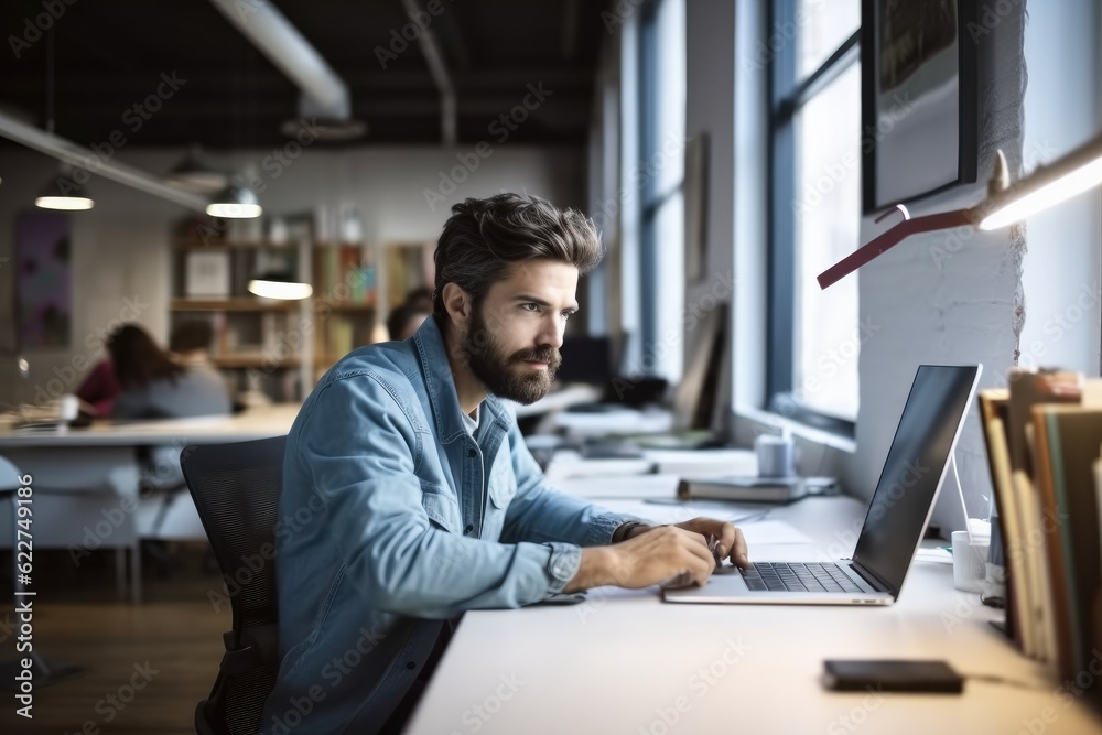 Portrait of man are working on laptop in modern office. Portrait of man are working on laptop in modern office.