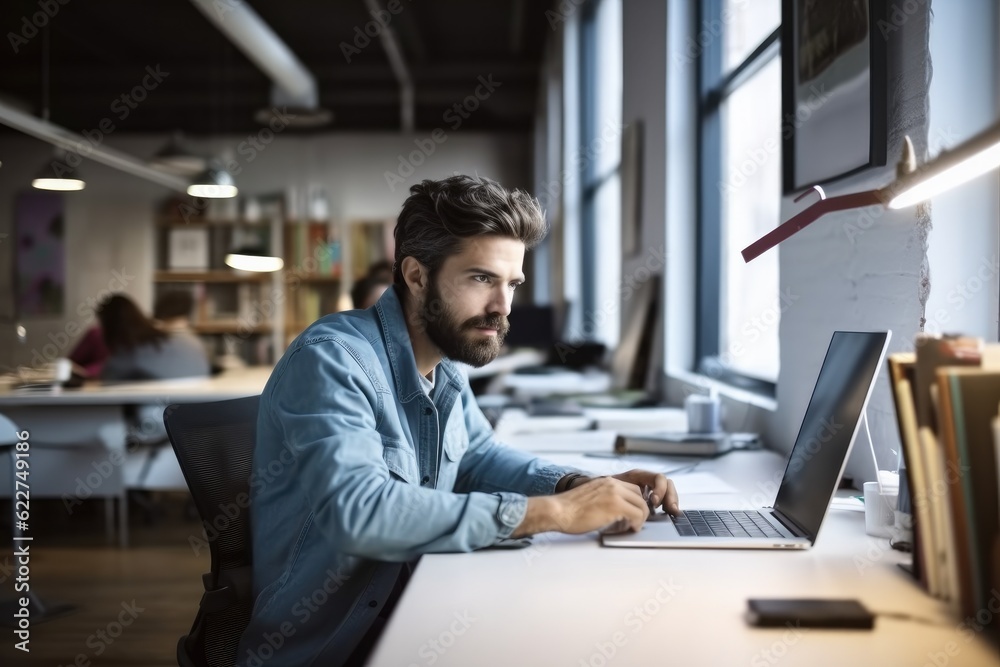 Portrait of man are working on laptop in modern office.