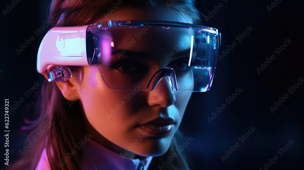 Woman with glasses of virtual reality, Concept of future technology or entertainment system. Woman with glasses of virtual reality, Concept of future technology or entertainment system.