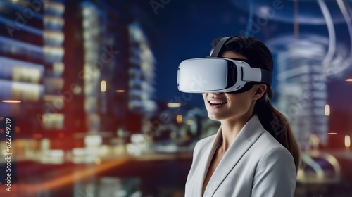 Smiling businesswoman using virtual reality glasses, Technology concept.