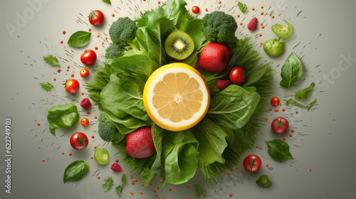 Fototapeta Naklejka Na Ścianę i Meble -  Nourishing Organic Food Explosion: Promoting Healthy Eating with Fruits and Vegetables. Top View, High-Resolution, Product Lighting