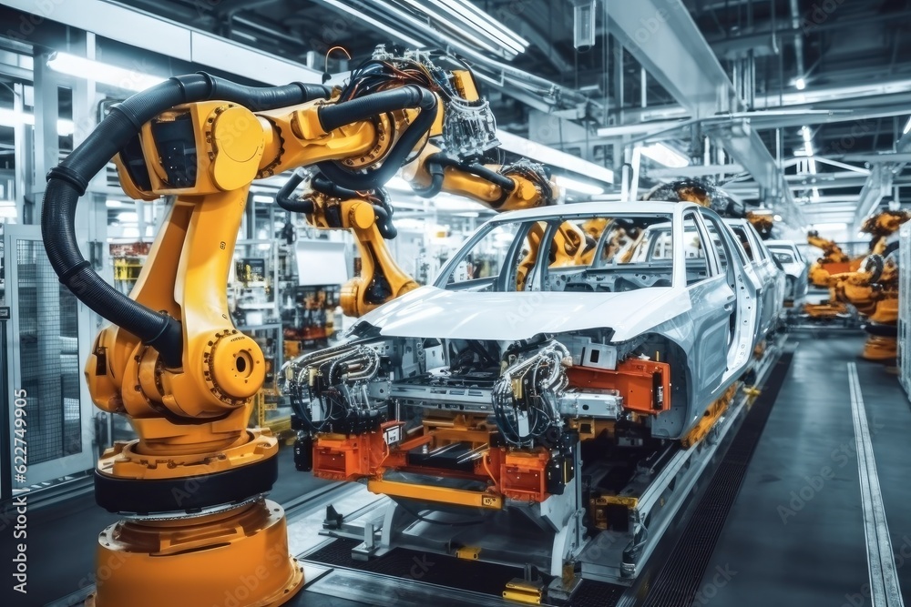 Robotic arms in a car plant, Car production line.