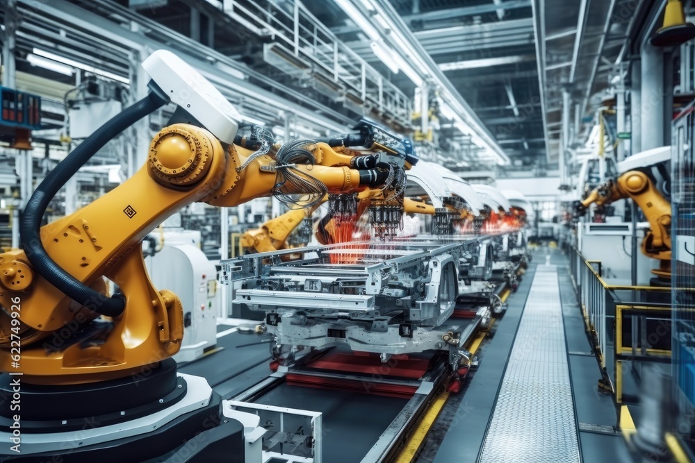Robotic arms in a car plant, Car production line.
