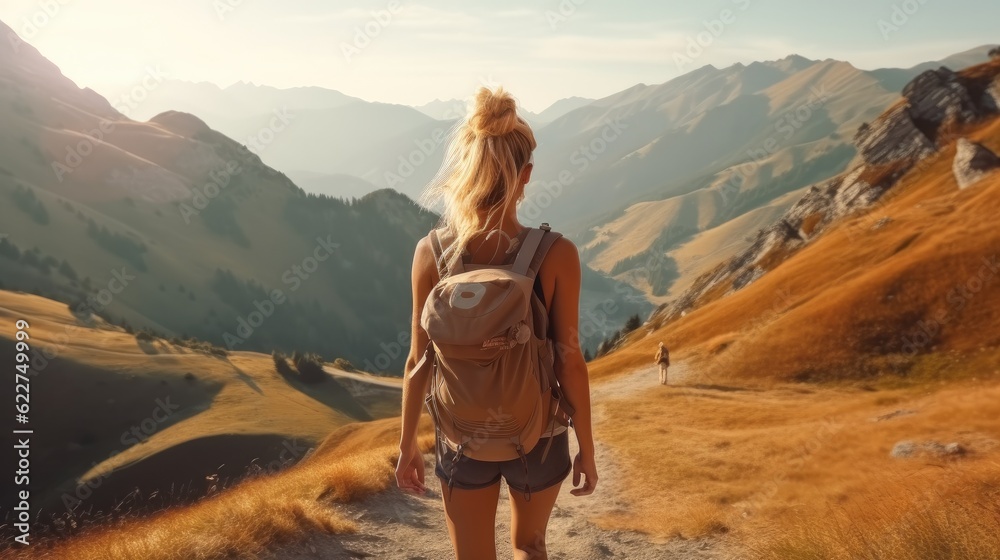 Hiker walking to mountains, Woman is traveling in Mountains with Backpack.