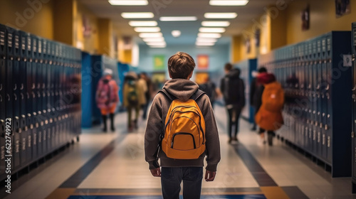 Schoolboy walking in school corridor, Rear view. photo