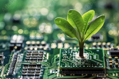 Growing tree on the converging point of computer circuit board, Green Technology, Green IT, Environment technology.