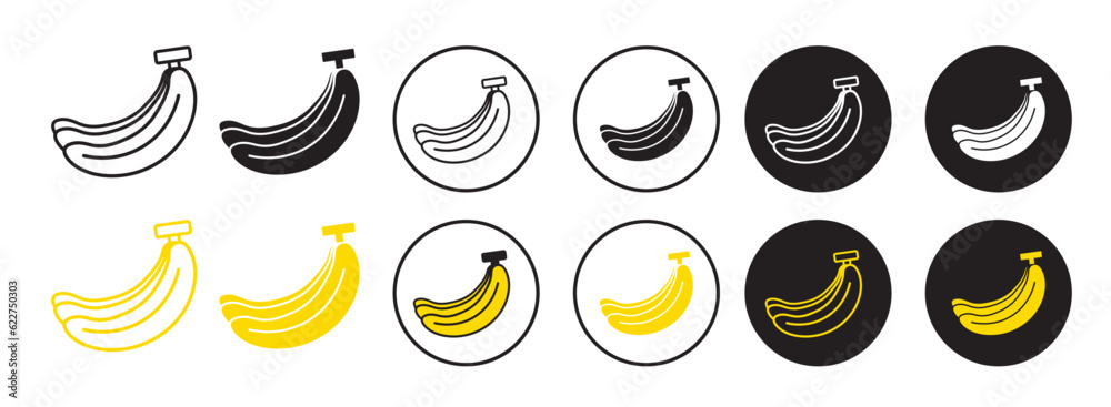 Banana icon set. simple banana fruit flat line web symbol in black and yellow color with filled and outlined style.