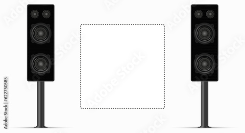 Two powerful music speakers, stereo sound, music festival template. 3D realistic vector illustration isolated on white.
