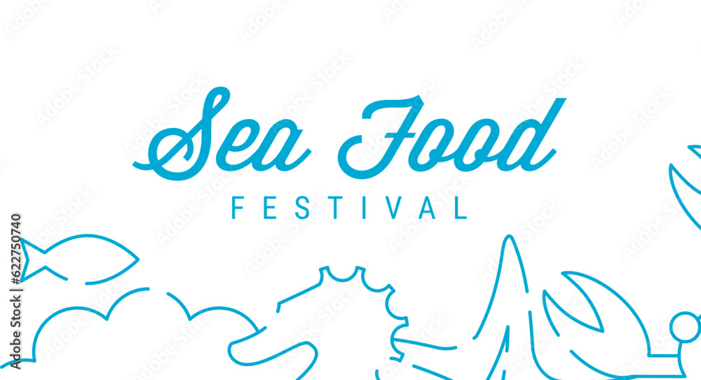 Sea food festival pattern, signboard. Line art pattern with marine life. Flat vector illustration isolated on white background.