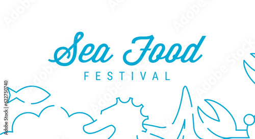 Sea food festival pattern, signboard. Line art pattern with marine life. Flat vector illustration isolated on white background.