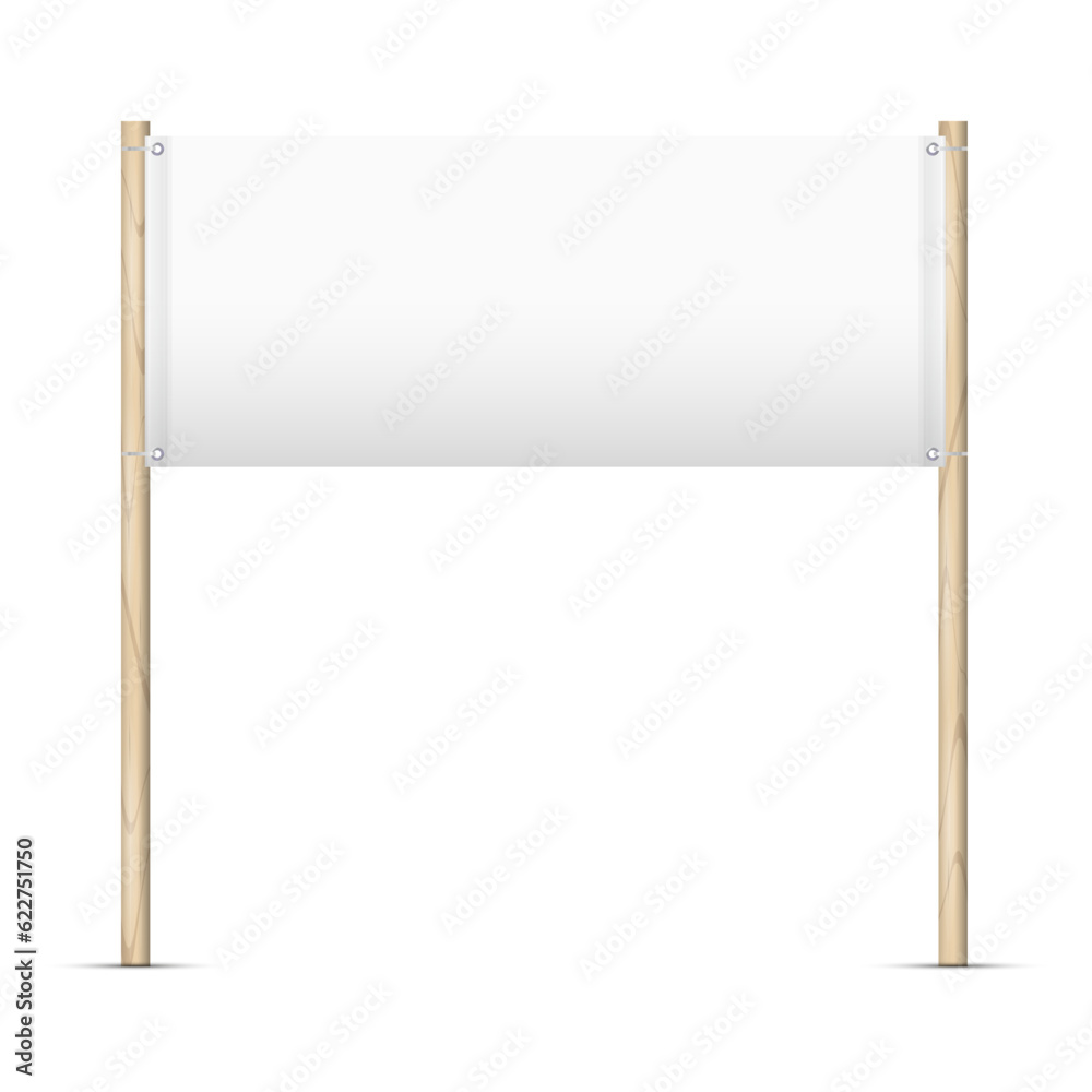 Obraz premium Blank advertising vinyl banner on wooden posts. 3D realistic vector illustration isolated on white.