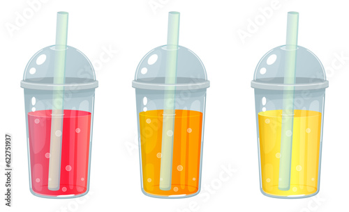 Fruit juice in a plastic cup with a straw. Lemonade, orange, strawberry, summer drinks. Juice to go with fresh fruits.Summer background for banner,poster.