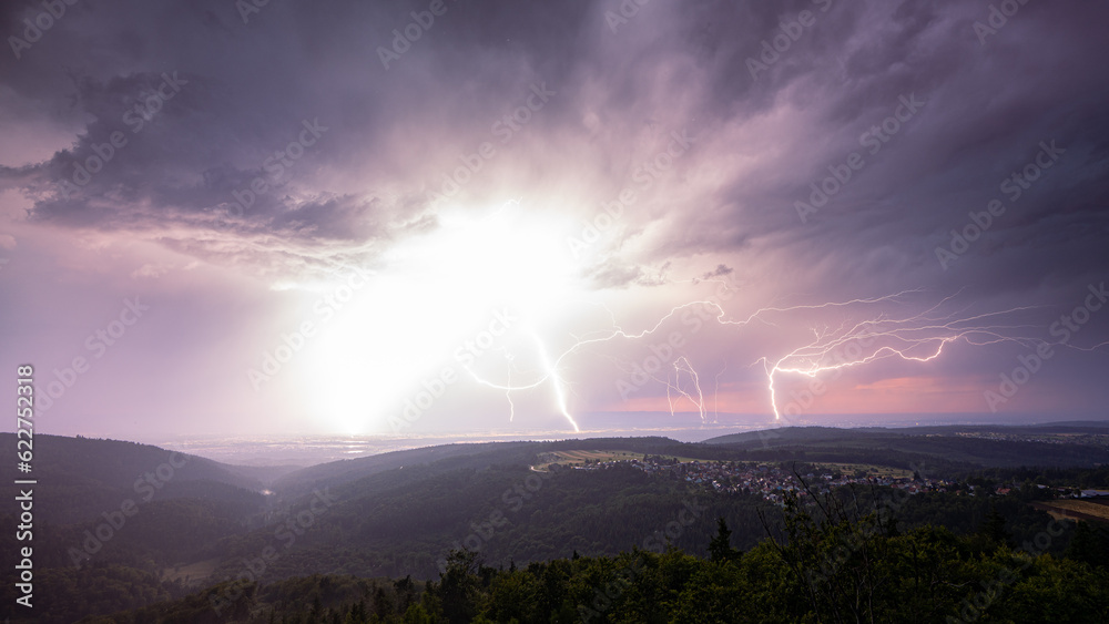 Multiple lightning strikes in the upper Rhine plain during a violent summer thunderstorm Multiple lightning strikes in the upper Rhine plain during a violent summer thunderstorm