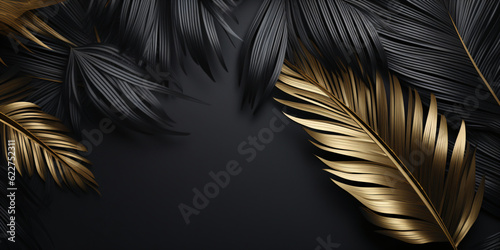 Tropical palm leaves gold on dark background created with AI 