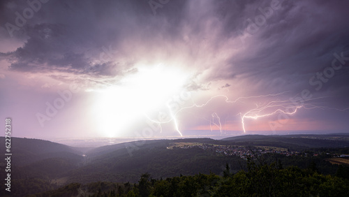 Multiple lightning strikes in the upper Rhine plain during a violent summer thunderstorm