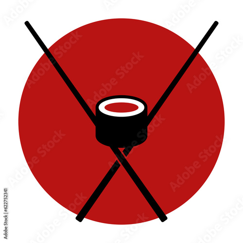 Sushi emblem. Japanese flag, chopsticks. Chopsticks and sushi roll. Flat vector illustration isolated on white background.