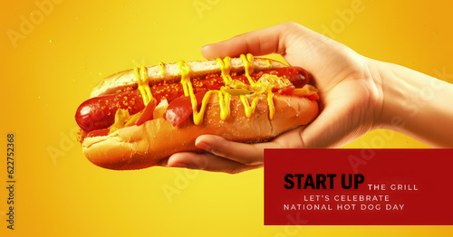 National hot dog day, hand holding a hot dog. Generative AI