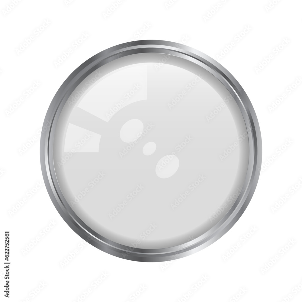 White metal glossy pin button. Glare glass lens. 3D realistic vector illustration isolated on white. White metal glossy pin button. Glare glass lens. 3D realistic vector illustration isolated on white.