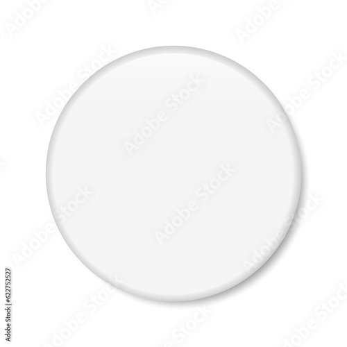 White pin button. Round badge empty template. White blank badge pin brooch. 3D realistic vector illustration isolated on white.