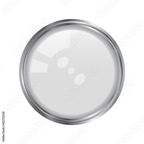 White metal glossy pin button. Glare glass lens. 3D realistic vector illustration isolated on white.