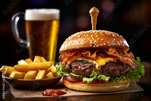 AI generated illustration of a hamburger and fries sit next to a beer glass on a counter