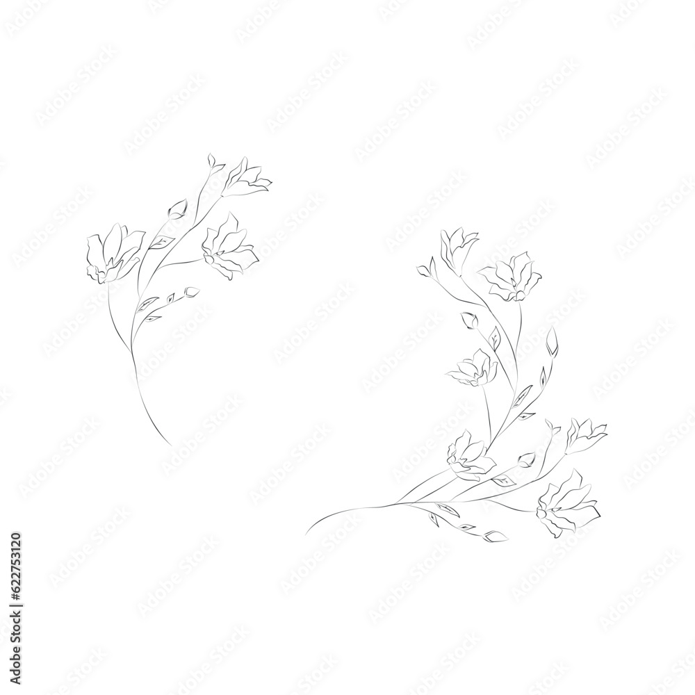 Obraz premium Line Drawing Botanical Wreath. Herbs and florals 14