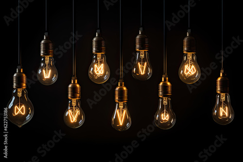 different types of hanging light bulbs on black background