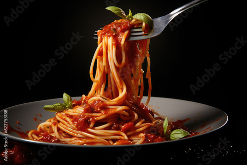 Close up of a fork picking spaghetti with tomato sauce on black background