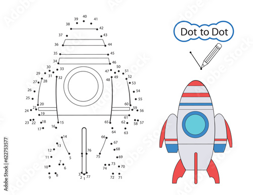 Kids game dot to dot draw of rocket. Activity education worksheet. Kids art game. Finish drawing image of cartoon spaceship. Children art riddle by numbers. Vector illustration.