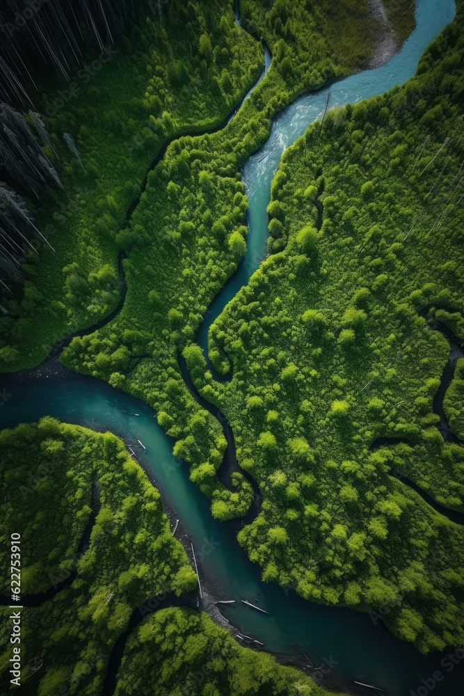 Obraz premium winding river in the forest, Wild Forest River from an Above Perspective, Inspired by Native American, First Nations, and Alaska Native Art, Amidst Norwegian Nature Green Majesty