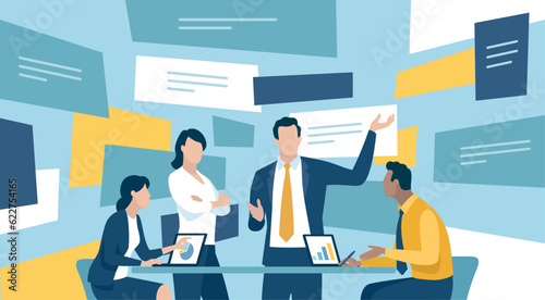 Discussion concept. Manager discuss and point to a messages floating in the virtual space around the table. Vector concept illustration.