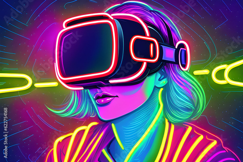 Woman in VR glasses in neon space, digital art illustration. Generative AI