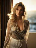 Hübsche Elegante blonde Frau im sexy Abendkleid mit tiefen Ausschnitt posiert am Fenster im Abendlicht, ai generativ