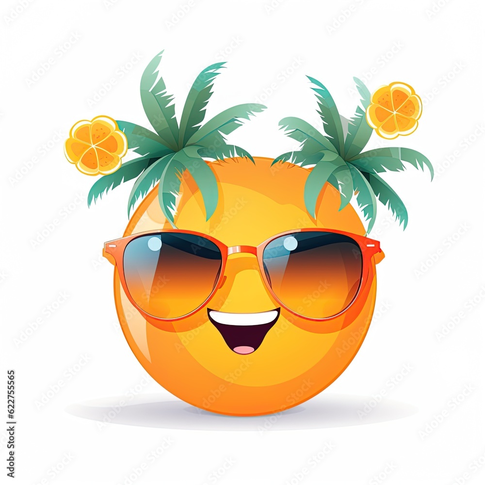 Smiley summer emoticon icon. Smiley emoji summer character .Beach and travel concept. White background. Generative Ai illustration