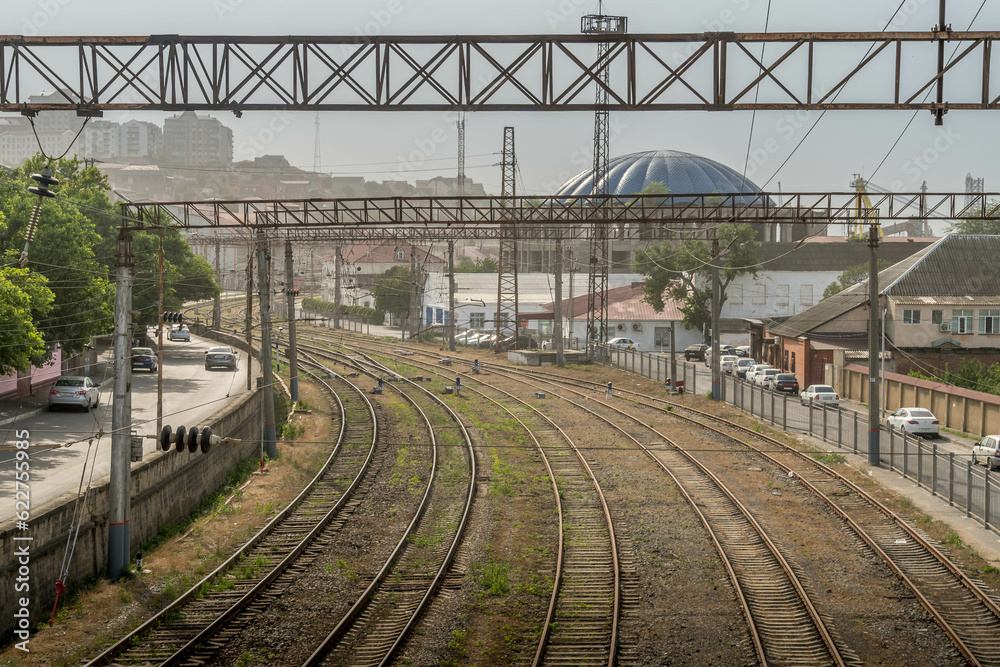 The railways in the city of Mahachkala, Republic of Dagestan, southern Russia during the hazy day